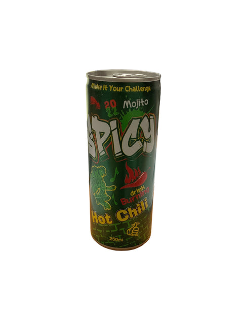 Can of spicy hot chili drink on a white background