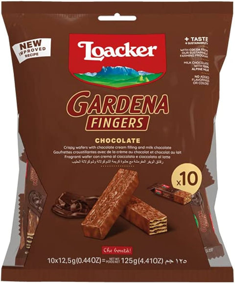 Loacker Gardena Fingers chocolate wafer package with branding and product details.