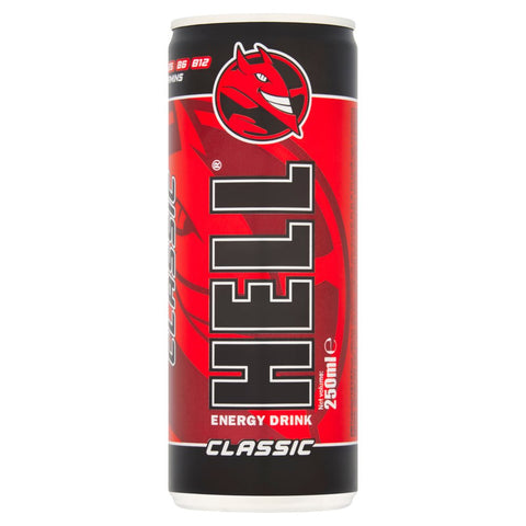 Red and black energy drink can with 'HELL' branding on a white background