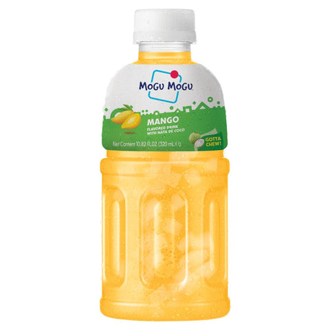Mango juice bottle with Mogu Mogu branding on a white background
