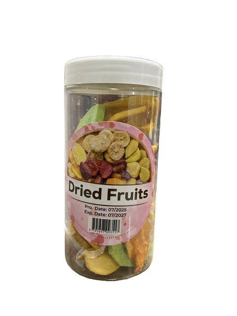Container of dried fruits on a wooden surface with a blurred background