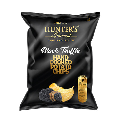 Black bag of Hunter's Gourmet Black Truffle Hand Cooked Potato Chips on a white background