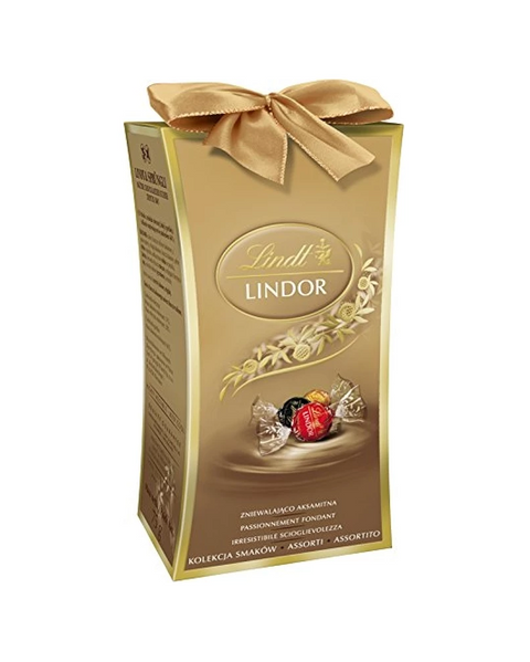 Lindt Lindor chocolate packaging with a gold bow on a white background