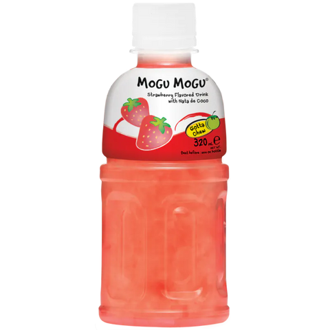 Mogu Mogu strawberry-flavored drink bottle on a white background